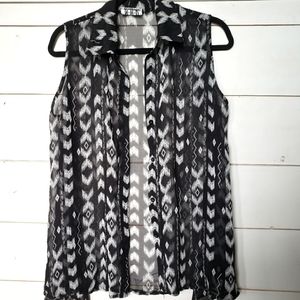 4/$20 NWD New Woman Design sheer button up flowy sleeveless shirt black white XL
